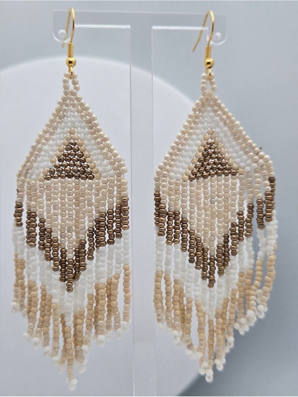 Aztec Beaded Fringe Earrings Handmade Boho Teardrop Neutral Tan Bronze 4"
